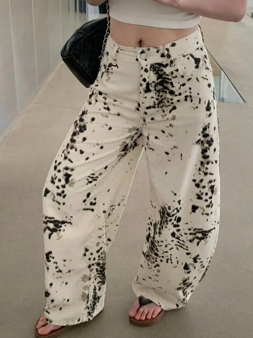 White Casual Women's Textured Random Print Zipper Fly Harem Pants
